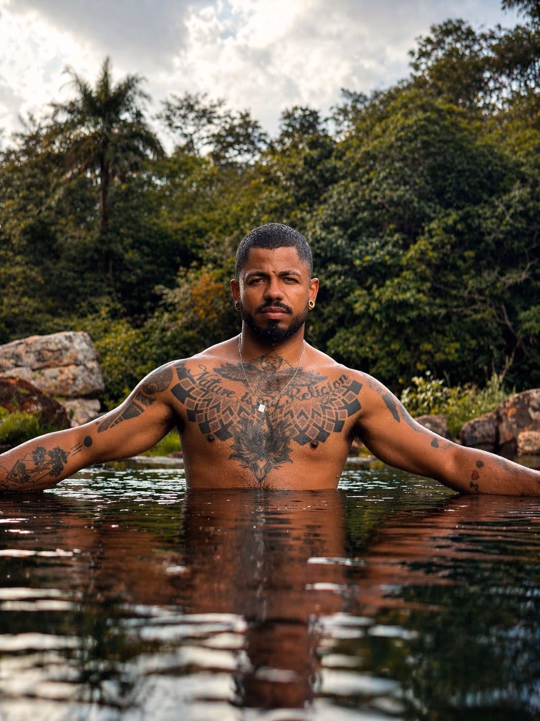Tiago Malakai Broomer standing waist-deep in a forest river, arms open on the water