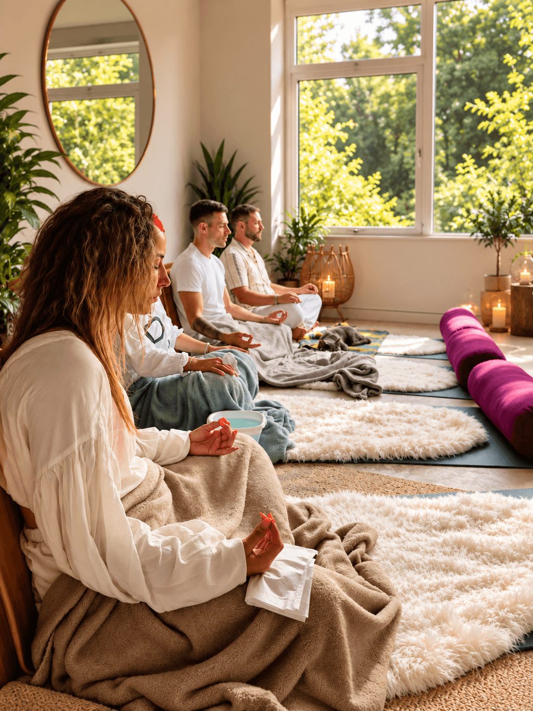 Group meditation circle in a plant-filled room lit by candles